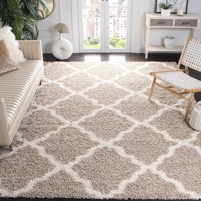 SAFAVIEH Dallas Shag Collection Area Rug - 10' x 14', Beige & Ivory, Trellis Design, Non-Shedding & Easy Care, 1.5-inch Thick Ideal for High Traffic Areas in Living Room, Bedroom (SGD257D)