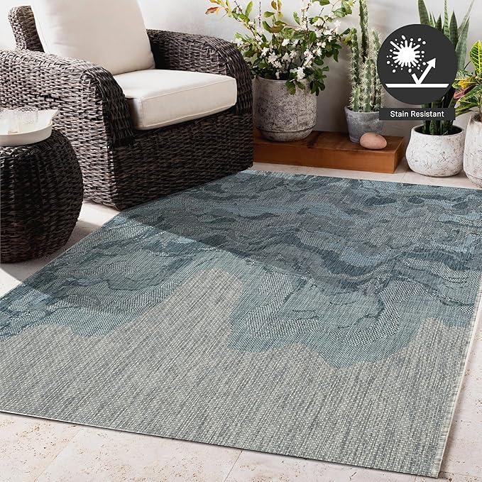 FH Home Outdoor Rug - Waterproof Easy to Clean Stain Resistant - Patio Indoor Outdoor Porch Deck Balcony Entryway - Modern Abstract - Freeport - Blue - 5ft 2in x 7ft 6in