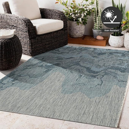 FH Home Outdoor Rug - Waterproof Easy to Clean Stain Resistant - Patio Indoor Outdoor Porch Deck Balcony Entryway - Modern Abstract - Freeport - Blue - 5ft 2in x 7ft 6in