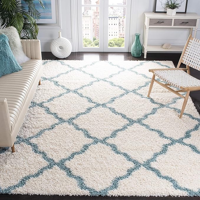 SAFAVIEH Dallas Shag Collection Area Rug - 6' Square, Ivory & Light Blue, Trellis Design, Non-Shedding & Easy Care, 1.5-inch Thick Ideal for High Traffic Areas in Living Room, Bedroom (SGD257J)