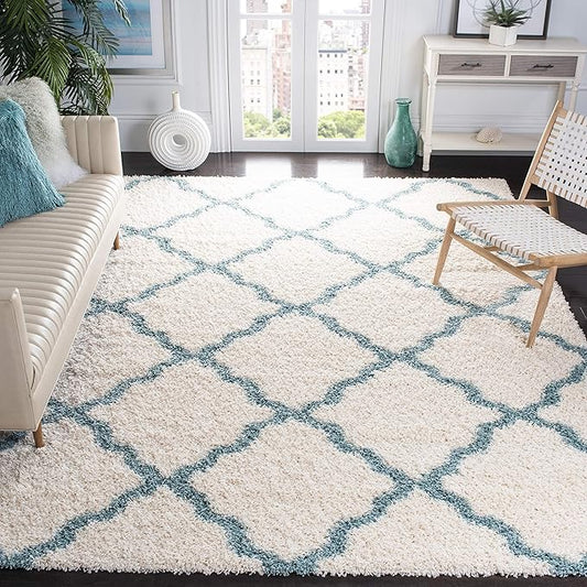 SAFAVIEH Dallas Shag Collection Area Rug - 6' Square, Ivory & Light Blue, Trellis Design, Non-Shedding & Easy Care, 1.5-inch Thick Ideal for High Traffic Areas in Living Room, Bedroom (SGD257J)