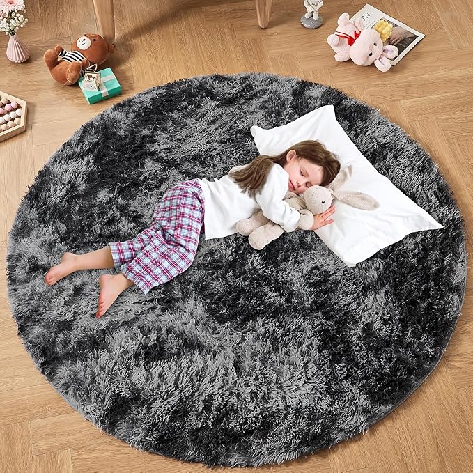 Andency Tie-Dyed Dark Grey Round Area Rug for Living Room, 6x6 Shag Rug for Bedroom, Fluffy Circle Carpet for Home Decor, Room, Fuzzy Plush Circular Rug for Dorm Playroom
