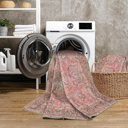 GLN Rugs Traditional Collection - Machine Washable Area Rug, Traditional Washable, Non Slip, Low Pile Chenille Rug, Living Room, Bedroom, Kitchen Rug (2' x 3' Pink/Cream)