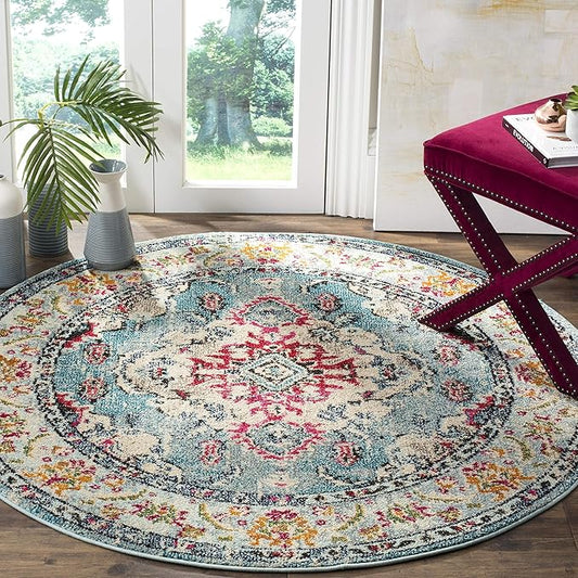 SAFAVIEH Monaco Collection Area Rug - 3' Round, Light Blue & Fuchsia, Boho Chic Medallion Distressed Design, Non-Shedding & Easy Care, Ideal for High Traffic Areas in Living Room, Bedroom (MNC243J)