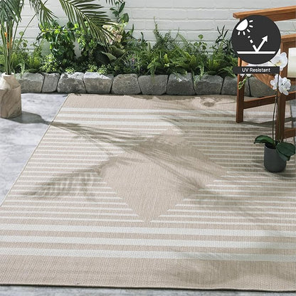 FH Home Flat Woven Outdoor Rug - Waterproof, Easy to Clean, Stain Resistant - Premium Polypropylene Yarn - Modern Geometric Kilim - Patio, Porch, Deck, Balcony - Mesa - Beige - 5ft 2in x 7ft 6in