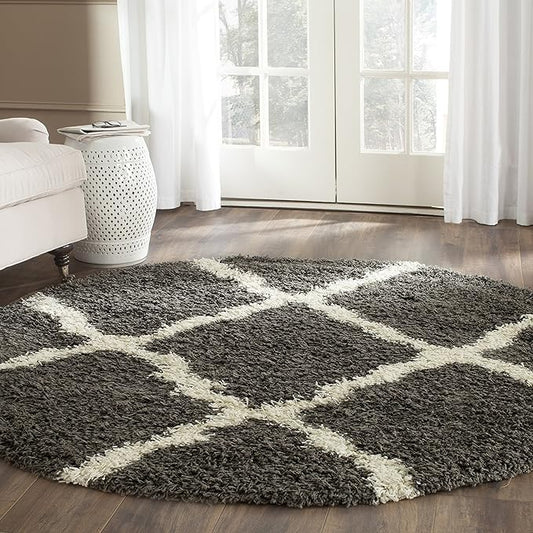 SAFAVIEH Dallas Shag Collection Area Rug - 6' Round, Dark Grey & Ivory, Trellis Design, Non-Shedding & Easy Care, 1.5-inch Thick Ideal for High Traffic Areas in Living Room, Bedroom (SGD257A)