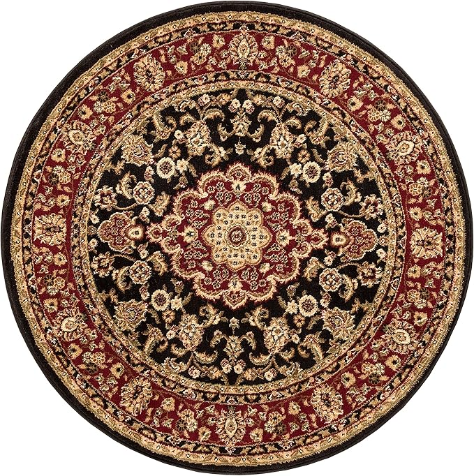Well Woven Barclay Collection Medallion Kashan Black 5 ft Round Rug - for Living Room, Bedroom, and Dining Room