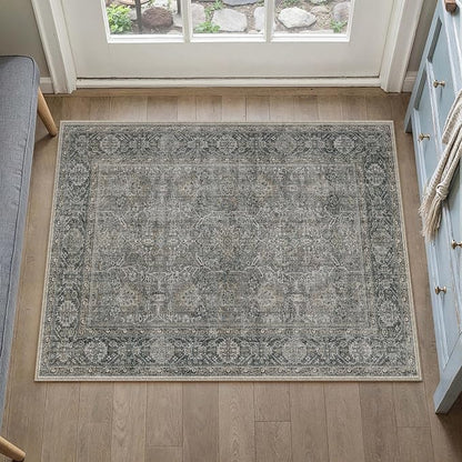 Grey Brown Entryway Rug 2x3 Vintage Area Carpet Indoor Kitchen Washable Door Mat Living Room Entrance Small Low Pile Traditional Distressed Retro Accent Throw Rug Non Slip Office Bathroom