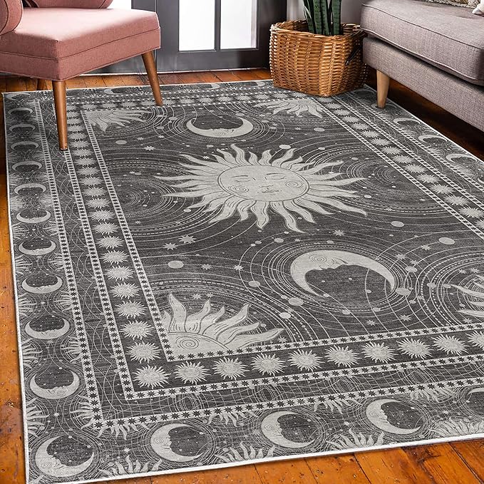 Ambesonne Sun and Moon Decorative Rug, Bohemian Artwork Design of Crescent Solar Ornament Esoteric Stars Ornaments, Quality Carpet for Bedroom Dorm and Living Room, 5' 1" X 7' 5", Dark Taupe