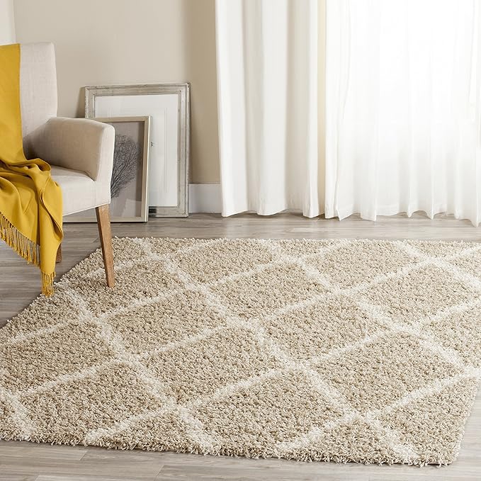 SAFAVIEH Dallas Shag Collection X-Large Area Rug - 11' x 15', Beige & Ivory, Trellis Design, Non-Shedding & Easy Care, 1.5-inch Thick Ideal for High Traffic Areas in Living Room, Bedroom (SGD257D)