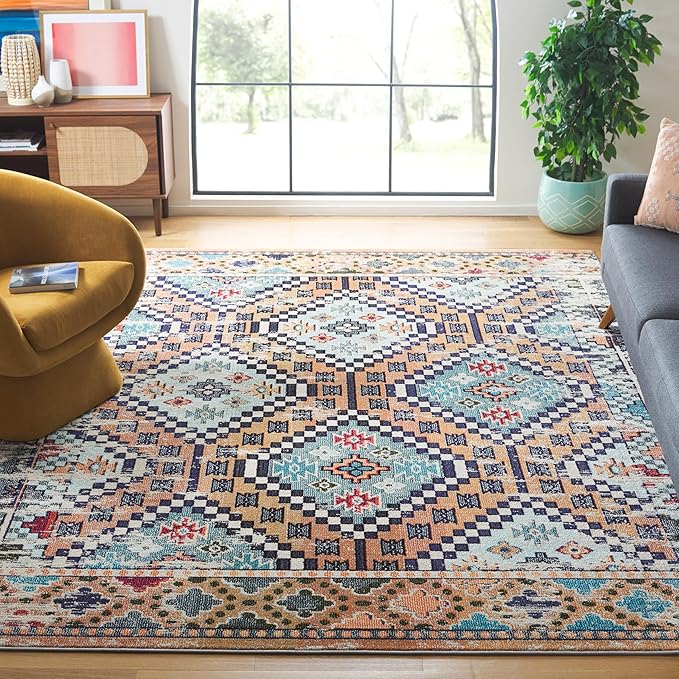 SAFAVIEH Madison Collection Area Rug - 9' x 12', Orange & Beige, Boho Diamond Distressed Design, Non-Shedding & Easy Care, Ideal for High Traffic Areas in Living Room, Bedroom (MAD418P)