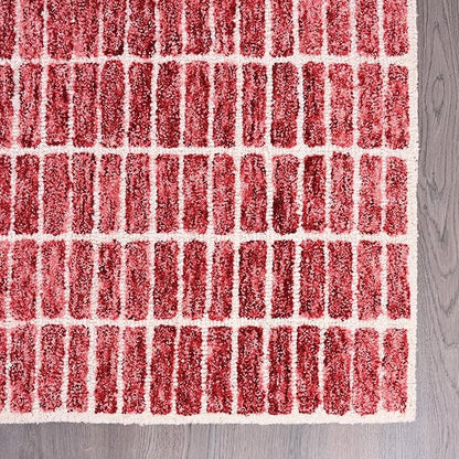 Hand-Tufted 100% Wool Area Rug – Unique Modern Geometric Grid Pattern, Soft Plush Textured Carpet for Living Room, Bedroom, Dining Room & Entryway (Brick Red, 2.6' x 8')