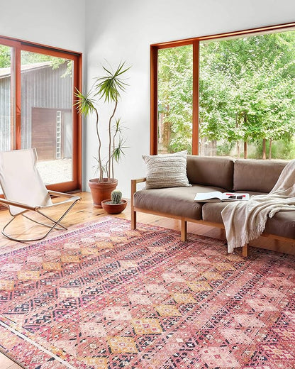 Loloi Layla Collection LAY-15 Magenta/Multi 9'-0" x 12'-0" .13" Thick Area Rug, Soft, Durable, Vintage Inspired, Distressed, Low Pile, Non-Shedding, Easy Clean, Printed, Living Room Rug