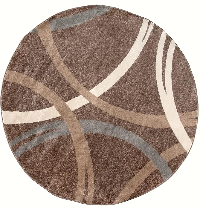 Rugshop Modern Wavy Circles Design Round Rug, Carpet with Jute Backing for Living Room, Dining Room, or Bedroom, Brown, 8' Round