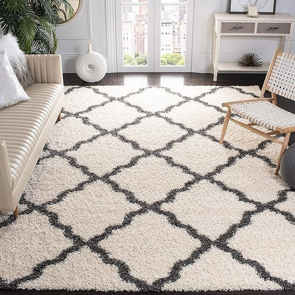 SAFAVIEH Dallas Shag Collection Area Rug - 8' Square, Ivory & Dark Grey, Trellis Design, Non-Shedding & Easy Care, 1.5-inch Thick Ideal for High Traffic Areas in Living Room, Bedroom (SGD257H)