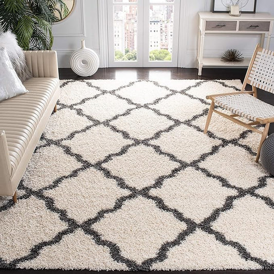 SAFAVIEH Dallas Shag Collection Area Rug - 8' Square, Ivory & Dark Grey, Trellis Design, Non-Shedding & Easy Care, 1.5-inch Thick Ideal for High Traffic Areas in Living Room, Bedroom (SGD257H)