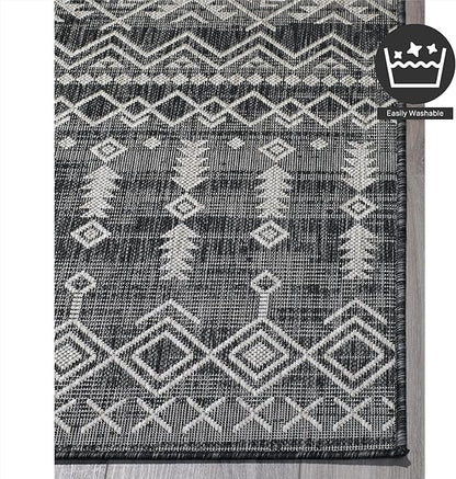 FH Home Flat Woven Outdoor Rug - Waterproof, Easy to Clean, Stain Resistant - Premium Polypropylene Yarn - Boho Moroccan - Large Patio, Deck, Sunroom - Dakar - Charcoal - 7ft 10in x 10ft 9in