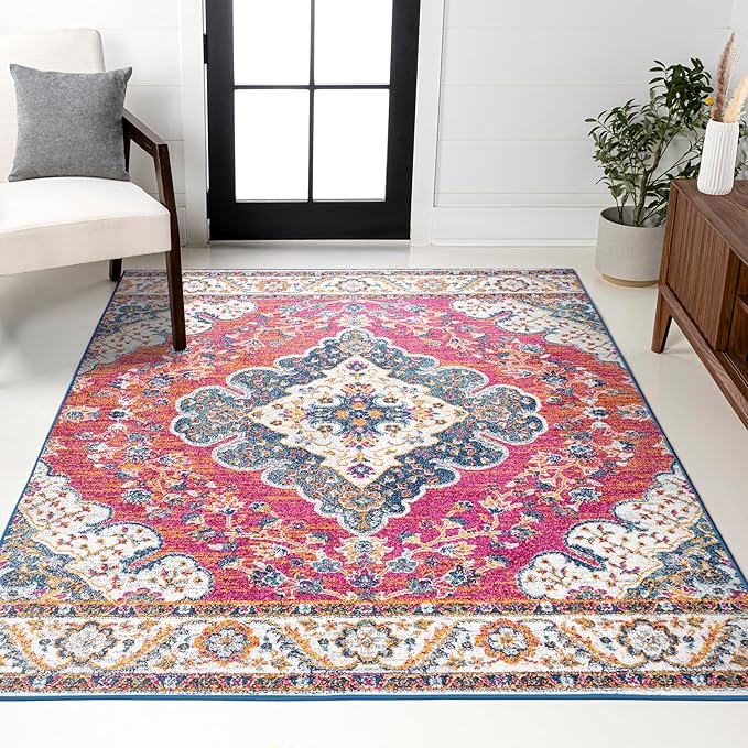 JONATHAN Y Boho Vintage Fuchsia/White Indoor Area Rug, 3x5, Bohemian Flair Medallion, Floral Easy-Cleaning High Traffic for Living Room, Bedroom, Kitchen, Pet-Friendly, Non-Shedding (BMF106C-3)