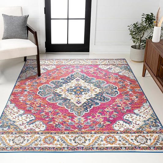 JONATHAN Y Boho Vintage Fuchsia/White Indoor Area Rug, 5x8, Bohemian Flair Medallion, Floral Easy-Cleaning High Traffic for Living Room, Bedroom, Kitchen, Pet-Friendly, Non-Shedding (BMF106C-5)