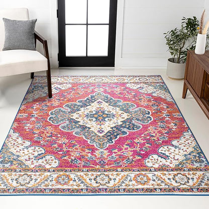 JONATHAN Y Boho Vintage Fuchsia/White Indoor Area Rug, 4x6, Bohemian Flair Medallion, Floral Easy-Cleaning High Traffic for Living Room, Bedroom, Kitchen, Pet-Friendly, Non-Shedding (BMF106C-4)