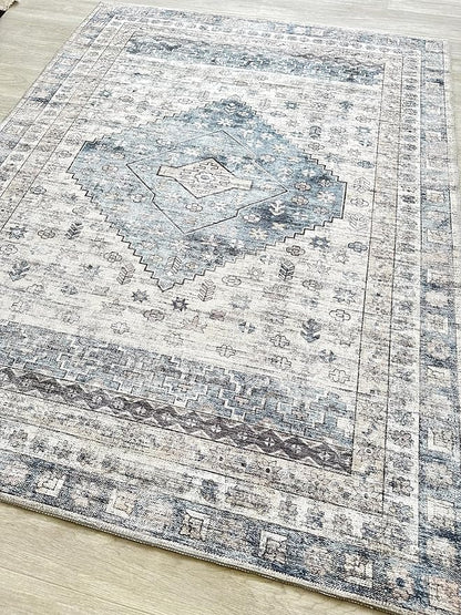 Fame Living Faded Oushak Rug, Turkish Vintage Floral Pastel Large Oversized Area Rugs for Living Room Dining Bedroom Kitchen Bathroom Nursery (848CrNv, 2' x 3')