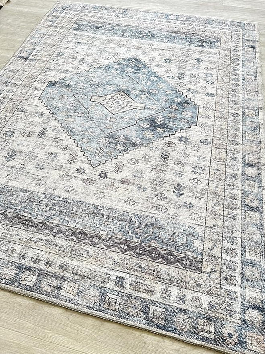 Fame Living Faded Oushak Rug, Turkish Vintage Floral Pastel Large Oversized Area Rugs for Living Room Dining Bedroom Kitchen Bathroom Nursery (848CrNv, 2' x 3')