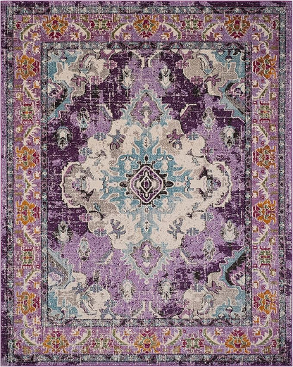 SAFAVIEH Monaco Collection Area Rug - 8' x 11', Violet & Light Blue, Boho Chic Medallion Distressed Design, Non-Shedding & Easy Care, Ideal for High Traffic Areas in Living Room, Bedroom (MNC243L)