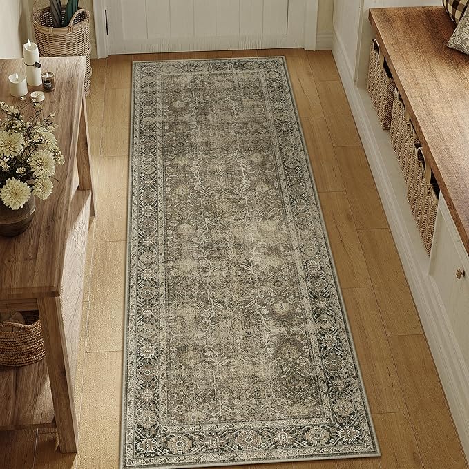 Light Brown 3x8 Vintage Area Rug Hallway Indoor Kitchen Washable Living Room Carpet Tribal Distressed Rug Retro Accent Throw Rug for Office Dining Room Bathroom Faux Wool
