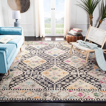 SAFAVIEH Madison Collection Area Rug - 5' Square, Black & Yellow, Boho Diamond Distressed Design, Non-Shedding & Easy Care, Ideal for High Traffic Areas in Living Room, Bedroom (MAD418Z)