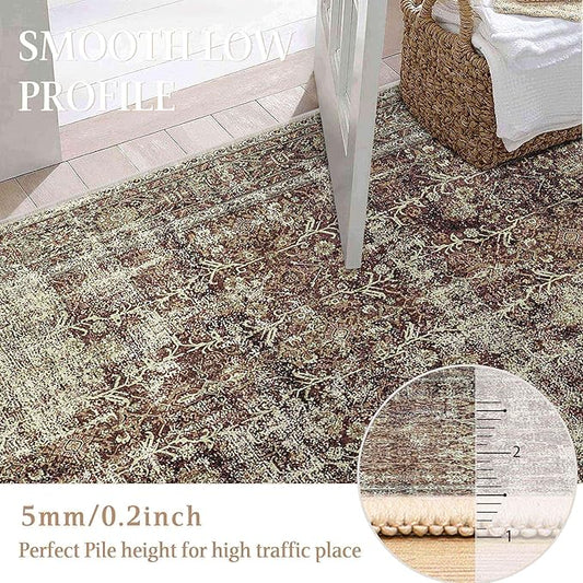 Vintage Area Rug 5x7 Rust Red Washable Living Room Large Carpet Non Slip Bedroom Indoor Office Low Pile Traditional Distressed Retro Accent Rug for Dining Room Bathroom Kitchen