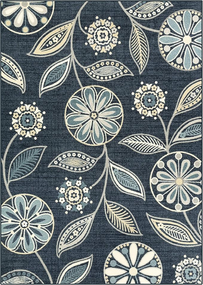 Maples Rugs Reggie Floral Area Rug - Made in USA - Low Pile, Non Slip, Pet-Friendly Mat for Living Room, Bedroom, and Office, 7' x 10', Persian Blue