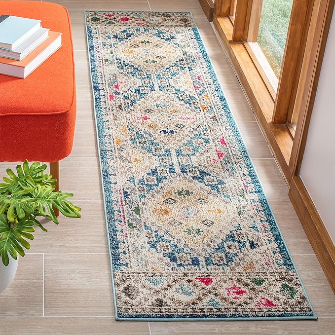 SAFAVIEH Madison Collection Runner Rug - 2' x 8', Dark Blue & Yellow, Boho Diamond Distressed Design, Non-Shedding & Easy Care, Ideal for High Traffic Areas in Living Room, Bedroom (MAD418N)
