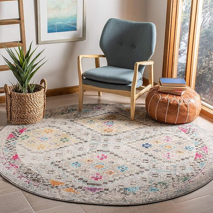 SAFAVIEH Madison Collection 5' Round Grey / Yellow MAD418F Boho Diamond Distressed Non-Shedding Dining Room Entryway Foyer Living Room Bedroom Area Rug