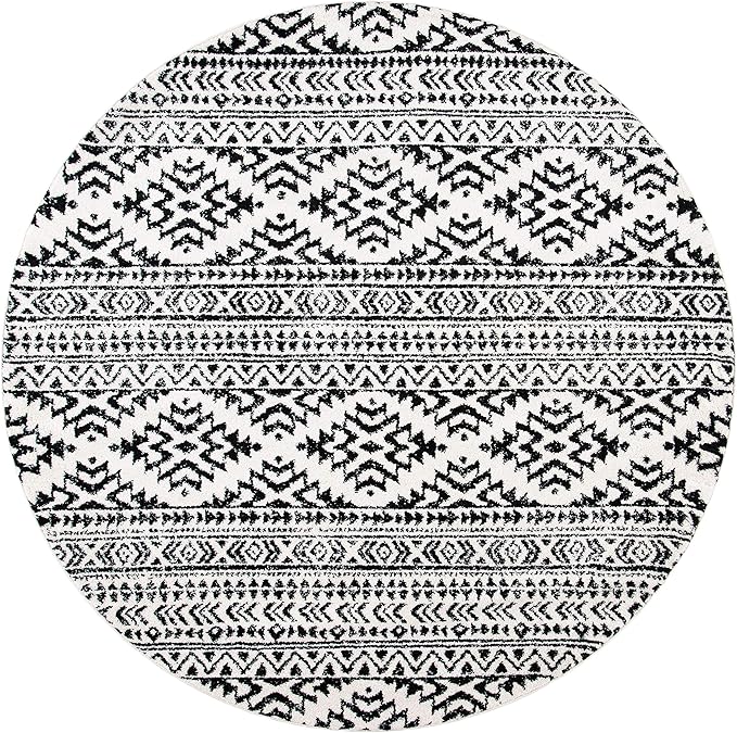 SAFAVIEH Tulum Collection Area Rug - 10' Round, Ivory & Black, Moroccan Boho Tribal Design, Non-Shedding & Easy to Clean, Ideal for Living Room, Bedroom, Dining Space (TUL272B)