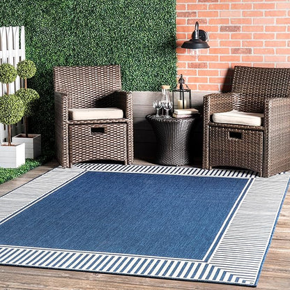 Nuloom Asha Navy/Ivory, 6'7" x 9', Casual, Striped Border, Soft and Cozy, High Traffic, Stain Resistant, Easy Clean, Durable Area Rug for Indoor/Outdoor Patio, Deck, Porch, Garden, Courtyard