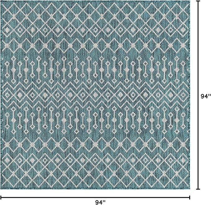 Unique Loom Outdoor Trellis Collection Area Rug - Tribal Trellis (7' 10" Square, Teal/ Ivory)