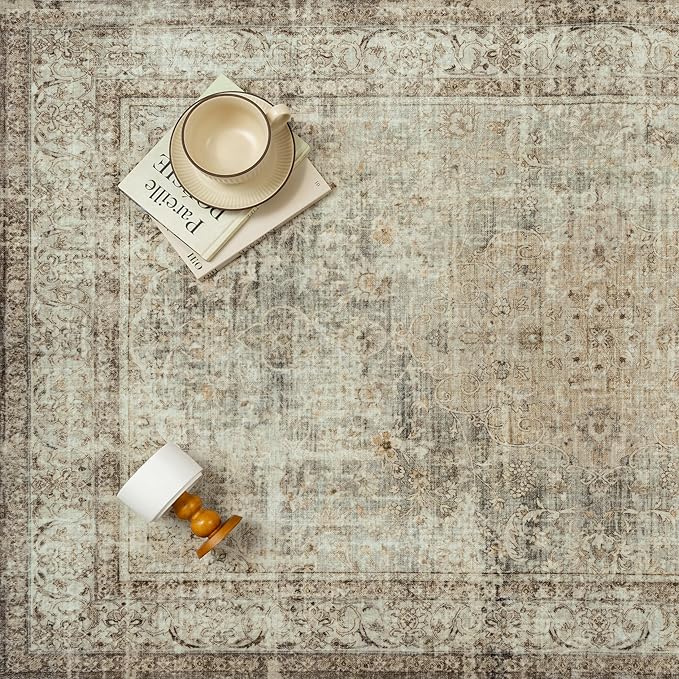 Sage Area Rug 8x10 for Living Room Washable Vintage Carpet Low Pile Non Slip Distressed Soft Traditional Retro Oriental Large Accent Throw Rug Office Bedroom Dining Room Playroom