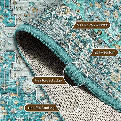 Washable Area Rug 4' x 6' Vintage Traditional Persian Mat - Foldable Distressed Non-Slip Machine Washable Carpet for Living Room Bedroom Kitchen Home Decor - Teal and Gold