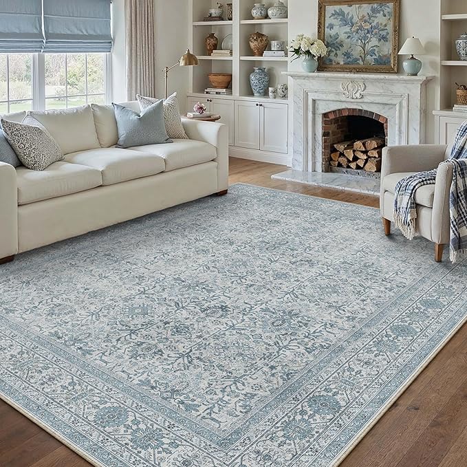 Area Rug 6x9 Blue Washable Living Room Carpet Soft Non Slip Vintage Bedroom Indoor Office Traditional Retro Distressed Large Thicker Throw Rug for Dining Room Kitchen Playroom