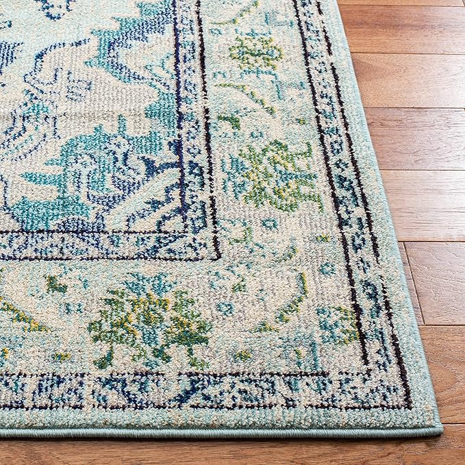 SAFAVIEH Monaco Collection Area Rug - 6'7" Square, Light Blue & Ivory, Boho Chic Medallion Distressed Design, Non-Shedding & Easy Care, Ideal for High Traffic Areas in Living Room, Bedroom (MNC243K)
