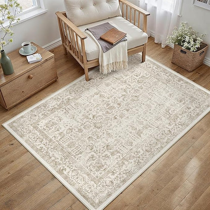 Light Brown Area Rug 3x4 Office Entryway Rug Machine Washable Kitchen Vintage Distressed Non Slip Carpet Indoor Retro Floral Accent Throw Door Mat for Bathroom Bedroom Dining Living Room
