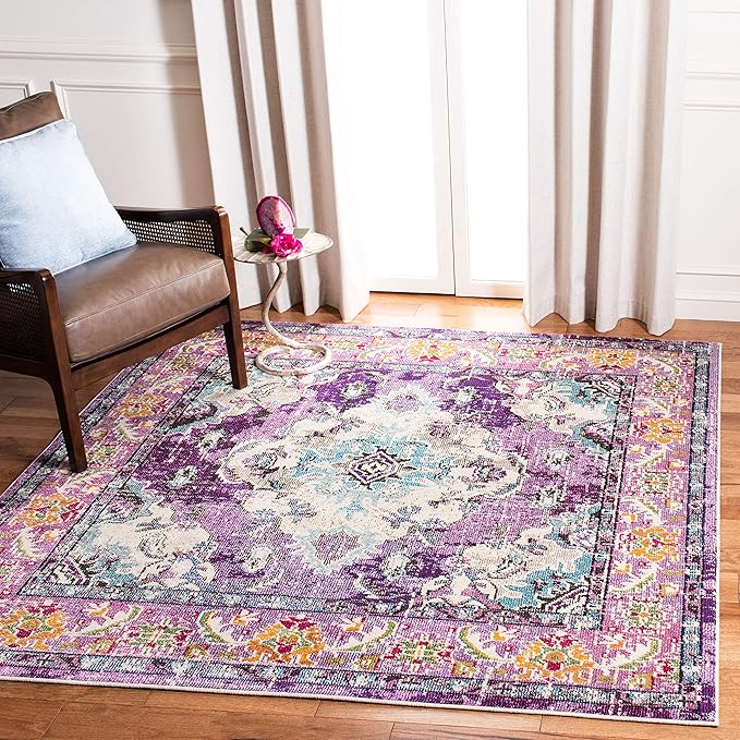 SAFAVIEH Monaco Collection Area Rug - 3' Square, Violet & Light Blue, Boho Chic Medallion Distressed Design, Non-Shedding & Easy Care, Ideal for High Traffic Areas in Living Room, Bedroom (MNC243L)