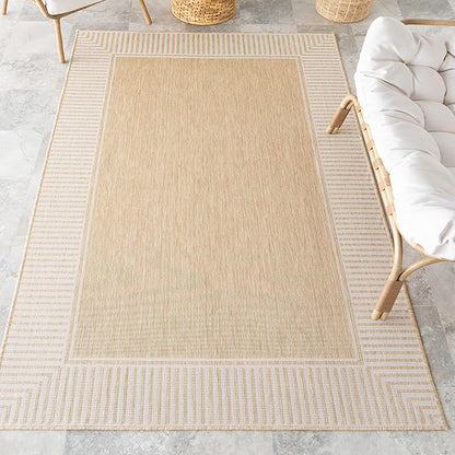 Nuloom Asha Tan/Ivory, 9'6" x 12', Casual, Striped Border, Soft and Cozy, High Traffic, Stain Resistant, Easy Clean, Durable Area Rug for Indoor/Outdoor Patio, Deck, Porch, Garden, Courtyard