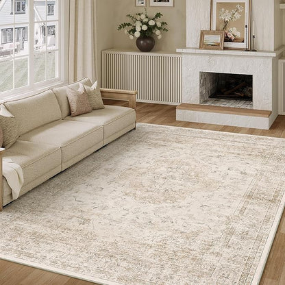 5x7 Washable Area Rug Beige Vintage Distressed Rug for Office Oriental Soft Thin Indoor Retro Carpet Non Slip Low Pile Floor Cover for Living Ding Room Bedroom Laundry Dorm