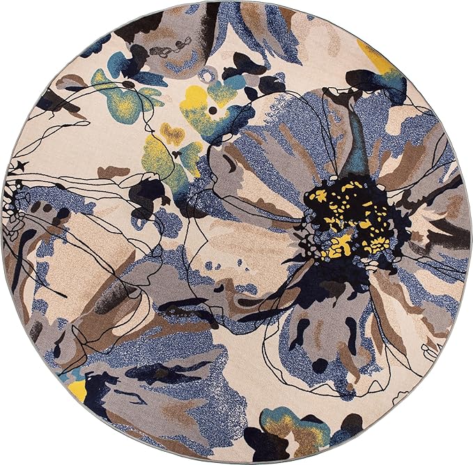 Rugshop Cream Bright Flowers Non Slip Non-Shedding Round Area Rug for Living Room, Dining Room and Bedroom, 8'