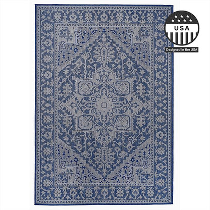 FH Home Flat Woven Outdoor Rug - Waterproof, Easy to Clean, Stain Resistant - Premium Polypropylene Yarn - Vintage - Patio, Deck, Porch,Balcony,Laundry Room - Amol - Blue - 3ft 11 in x 5ft 6in