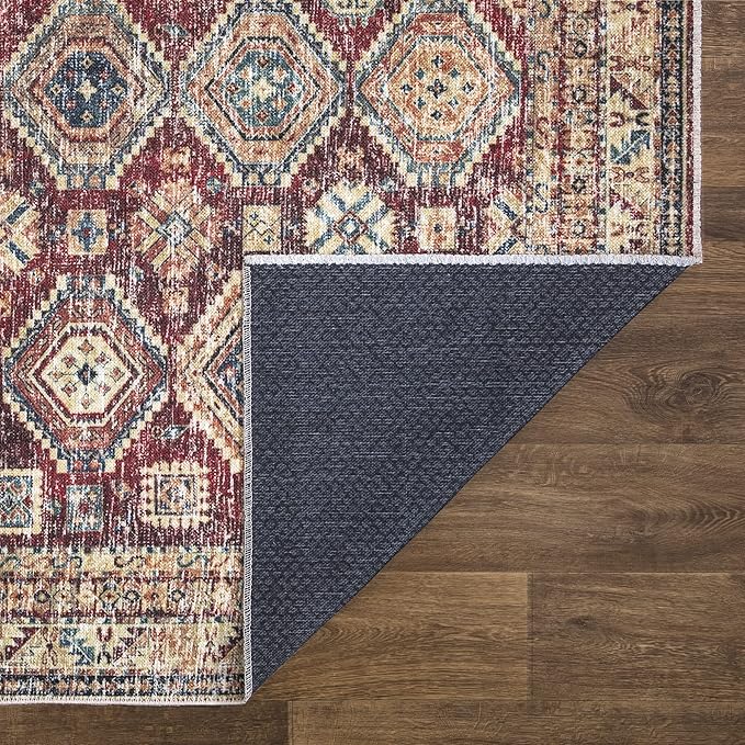 Bloom Rugs Washable Non-Slip 2x3 Rug - Dark Red/Multicolor Traditional Oriental Area Rug for Living Room, Bedroom, Dining Room, and Kitchen - Exact Size: 2' x 3'