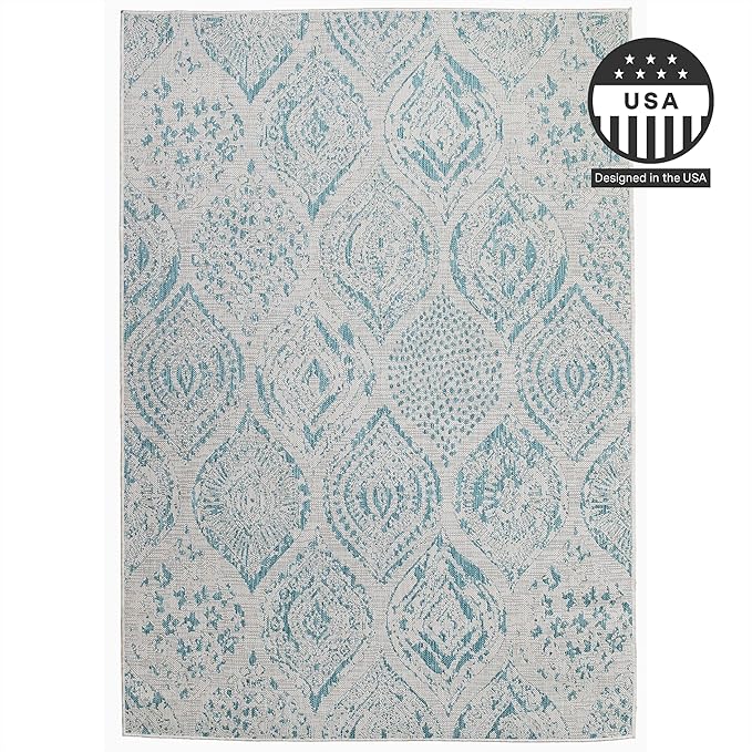 FH Home Flat Woven Outdoor Rug - Waterproof, Easy to Clean, Stain resistant - Premium Polypropylene Yarn - Distressed Farmhouse - Porch, Deck,Balcony,Laundry Room - Granada - Aqua - 2ft 7in x 4ft 11in
