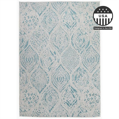 FH Home Flat Woven Outdoor Rug - Waterproof, Easy to Clean, Stain Resistant - Premium Polypropylene Yarn - Distressed Farmhouse - Large Patio, Deck, Sunroom - Granada - Aqua - 7ft 10in x 10ft 9in