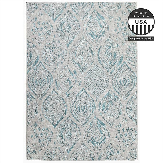 FH Home Flat Woven Outdoor Rug - Waterproof, Easy to Clean, Stain Resistant - Premium Polypropylene Yarn - Distressed Farmhouse - Large Patio, Deck, Sunroom - Granada - Aqua - 7ft 10in x 10ft 9in